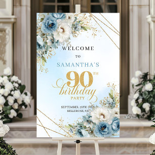 Charming dusty blue florals gold frame 90 birthday poster
