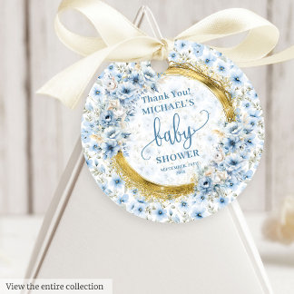 Charming dusty blue flowers and gold boy baby favour tags