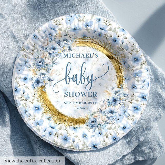 Charming dusty blue flowers gold boy baby shower  paper plate (Charming dusty blue flowers gold boy baby shower Paper Plates)