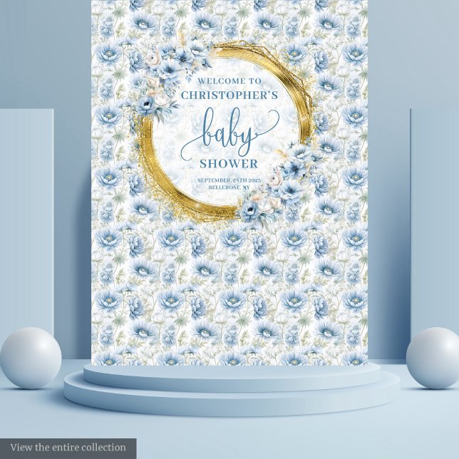 Charming Dusty Blue Gold Floral Baby Shower Banner Tapestry (Charming Dusty Blue Gold Floral Baby Shower Banner Tapestry)