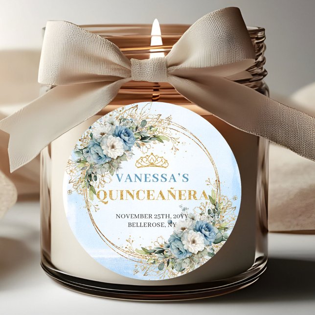 Charming Dusty Blue Gold Greenery Quinceañera  Classic Round Sticker (Must Have Quinceañera Sticker Blue and Gold)