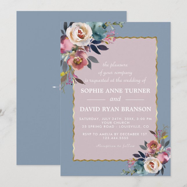 Charming Dusty Blue Misty Rose Floral Gold Wedding Invitation (Front/Back)