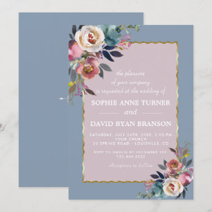 Charming Dusty Blue Misty Rose Floral Gold Wedding Invitation