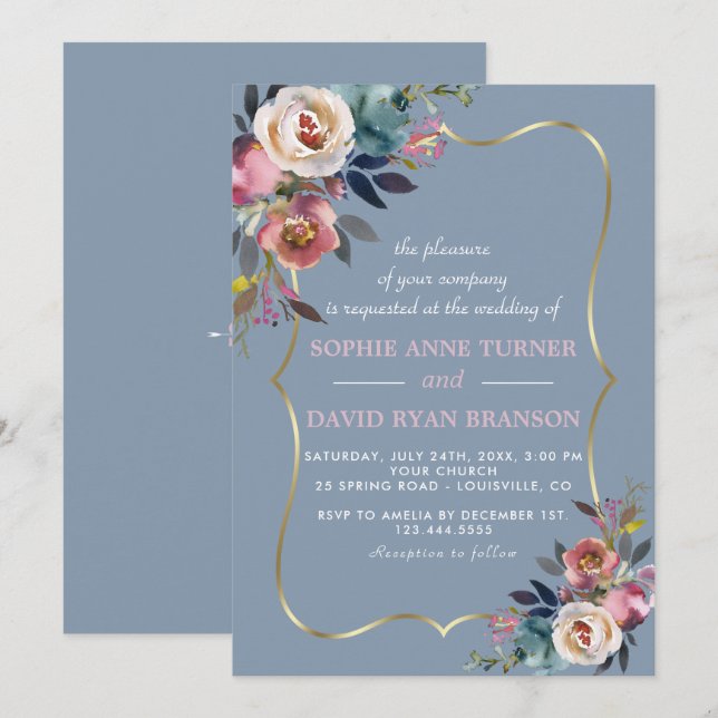 Charming Dusty Blue Misty Rose Floral Gold Wedding Invitation (Front/Back)