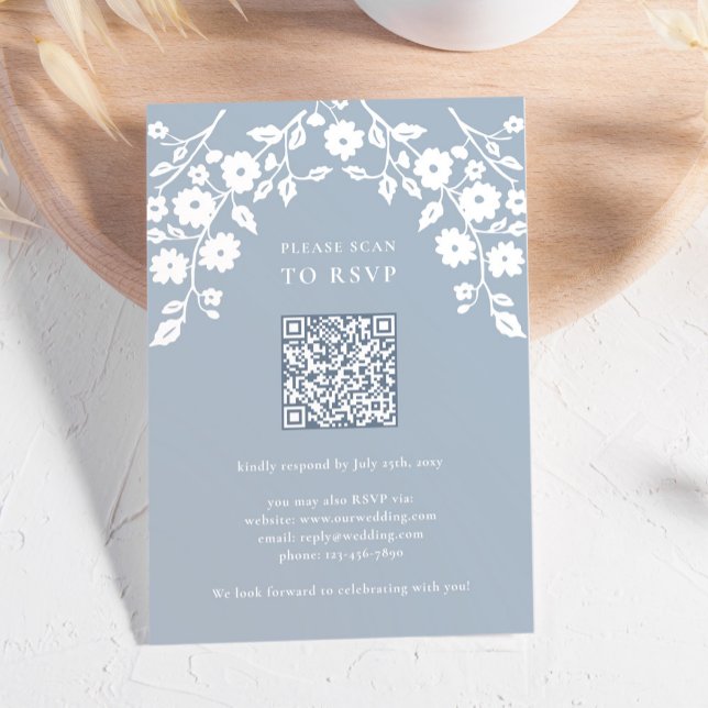 Charming Dusty Blue White Flowers Floral QR Code RSVP Card (Creator Uploaded)