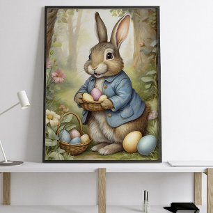 Charming Easter Bunny in Blue Coat Woodland Poster