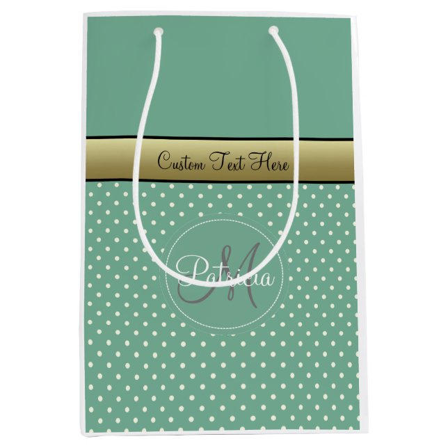 Charming & Elegance: Mint Green Monogram Polka Dot Medium Gift Bag (Front)