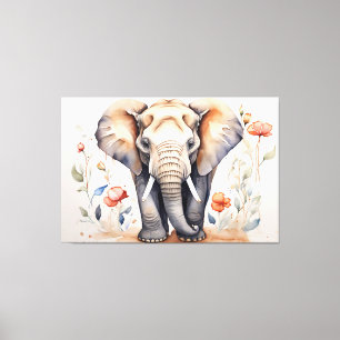 Charming Elephant & Blooms Watercolor Painting Canvas Print