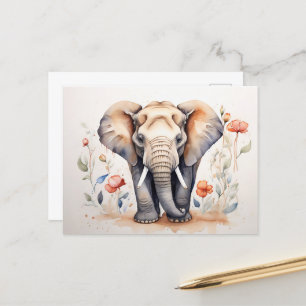 Charming Elephant & Blooms Watercolor Painting Postcard