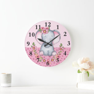 Charming Elephant Pink Floral Animal Print   Large Clock