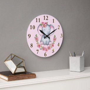 Charming Elephant Pink Floral Animal Print   Large Large Clock