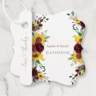 Charming Fall Burgundy Roses Sunflowers Wedding Favour Tags