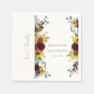Charming Fall Burgundy Roses Sunflowers Wedding Napkin