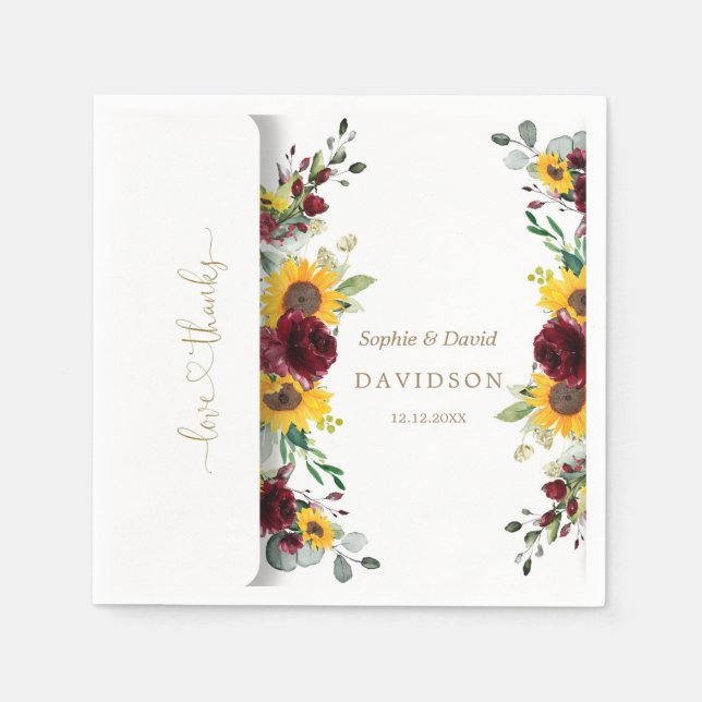 Charming Fall Burgundy Roses Sunflowers Wedding Napkin (Front)