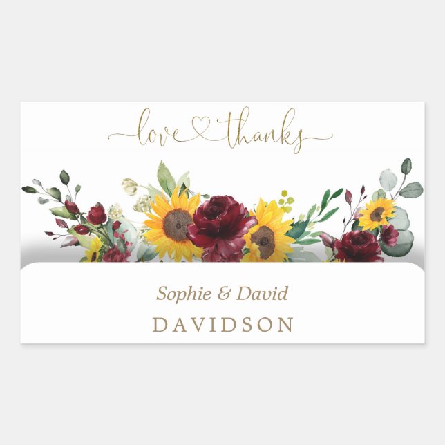 Charming Fall Burgundy Sunflowers Wedding Rectangular Sticker (Front)