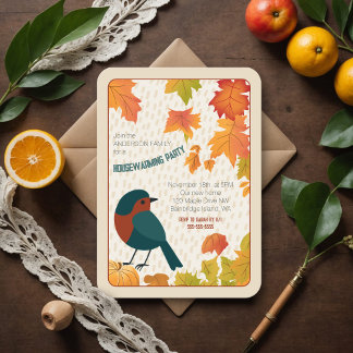 Charming Fall Housewarming Leaves Minimalist Bird Invitation