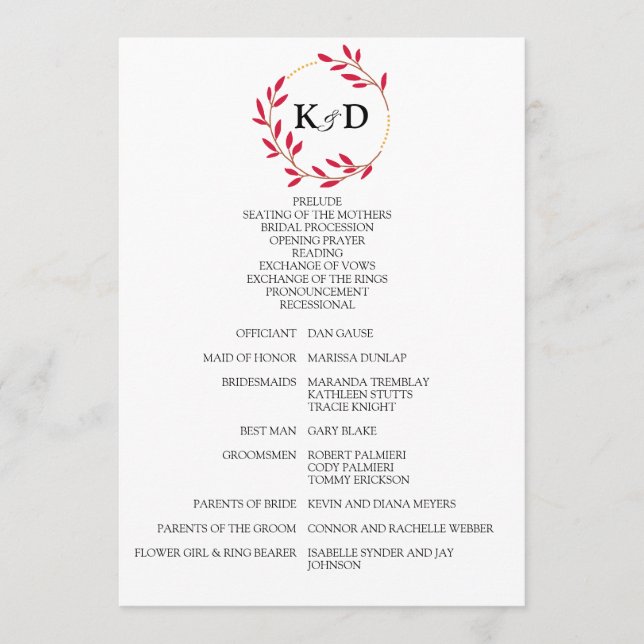 Charming Fall Leaf Monogram Wedding Programme (Front)