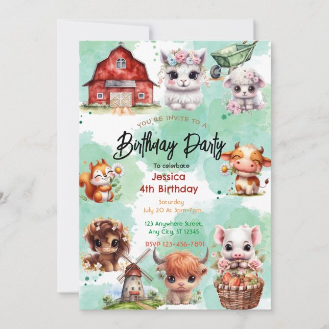 Charming Farm Animal Birthday Party Invitation (Front)