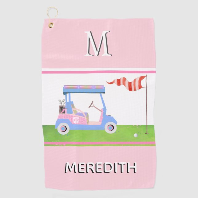 Charming Feminine Golf Cart Clubs Monogram Name  Golf Towel (Front)