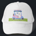 Charming Feminine Golf Cart Clubs Monogram Name  Trucker Hat<br><div class="desc">MATCHING ITEMS ARE AVAILABLE IN THE COLLECTION ABOVE THIS DESCRIPTION (Golf Gal in Pink and Blue). This is a charming unique golf cart -- lovely in pink and blue with just a touch of glow on its "roof" -- tastefully done -- ready to run the course -- golf ball marker....</div>