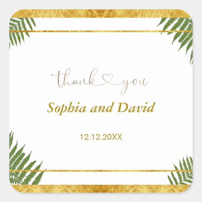 Charming Fern Leaves Gold Foil Wedding Custom  Square Sticker (Front)