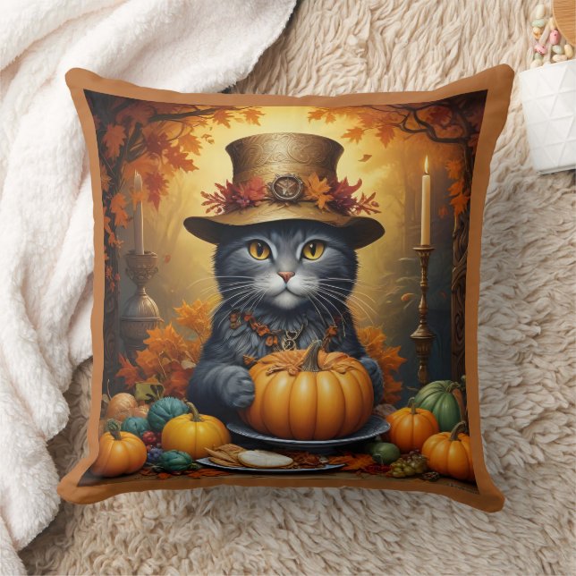 Charming festive Thanksgiving Cat in Disguise Cushion (Blanket)