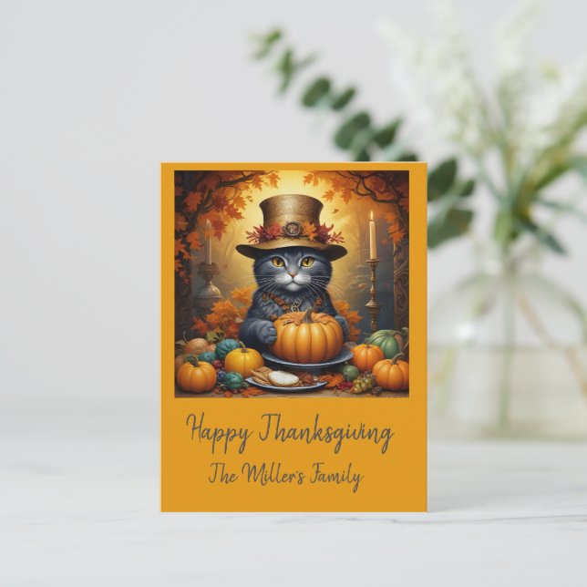 Charming festive Thanksgiving Cat in Disguise Holiday Postcard (Standing Front)