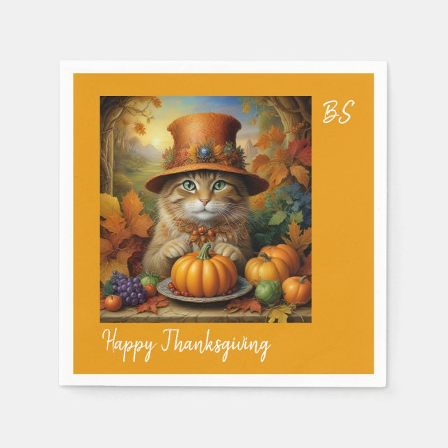 Charming festive Thanksgiving Cat in Disguise Napkin (Front)