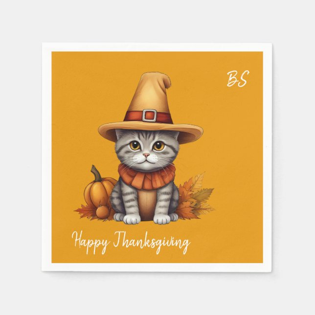 Charming festive Thanksgiving Cat in Disguise Napkin (Front)