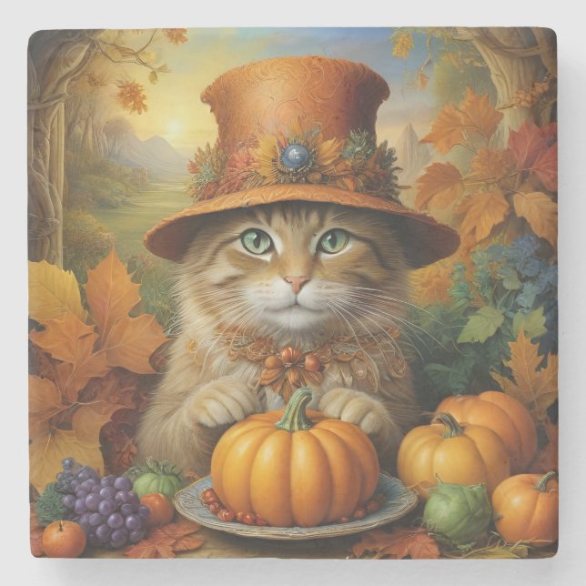 Charming festive Thanksgiving Cat in Disguise Stone Coaster (Front)