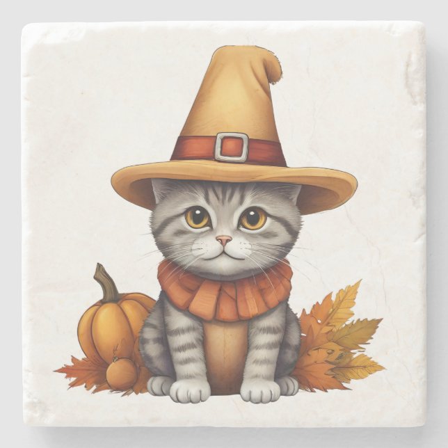 Charming festive Thanksgiving Cat in Disguise Stone Coaster (Front)