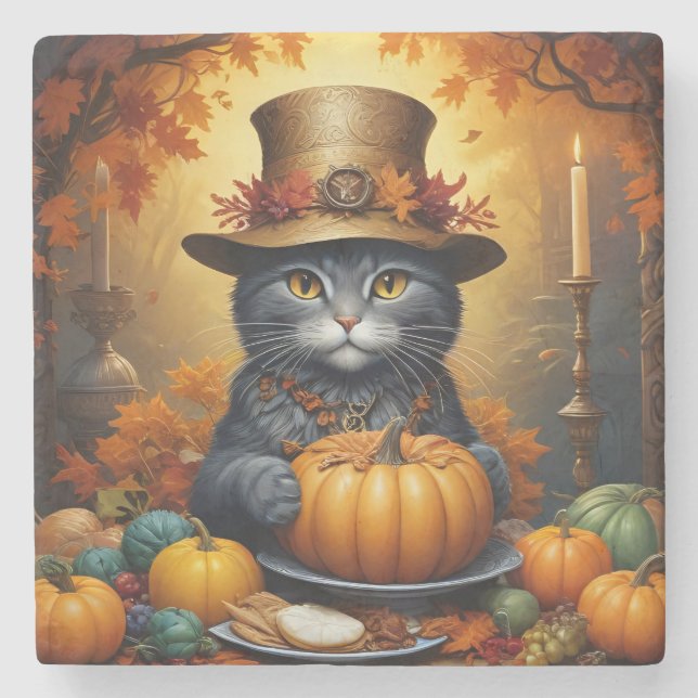 Charming festive Thanksgiving Cat in Disguise Stone Coaster (Front)