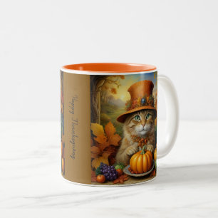 Charming festive Thanksgiving Cat in Disguise Two-Tone Coffee Mug