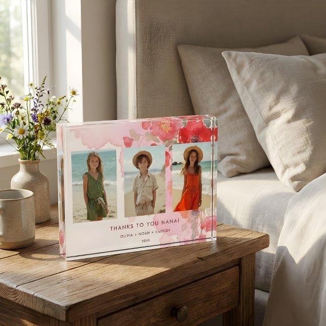 Charming Floral 3-Photo Collage Family Keepsake Photo Block (Charming Floral Three Photo Family Keepsake with Mom Nan Dad Photo Block Memories.)