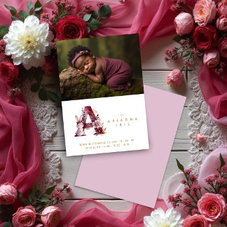 Charming Floral A Burgundy & Glitter Newborn Announcement