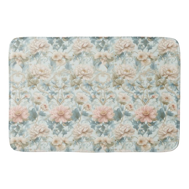 Charming Floral Pastel Blue Pink Botanical Art Bath Mat (Front)
