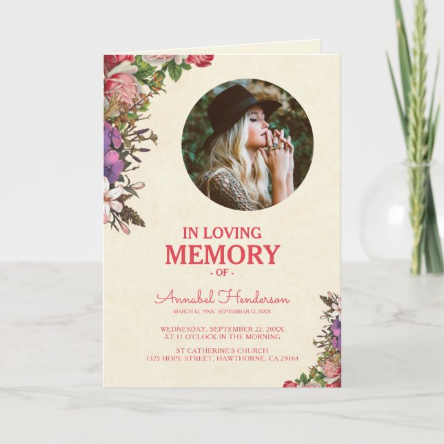 Charming Floral Sympathy Photo Funeral Program Programme (Front)