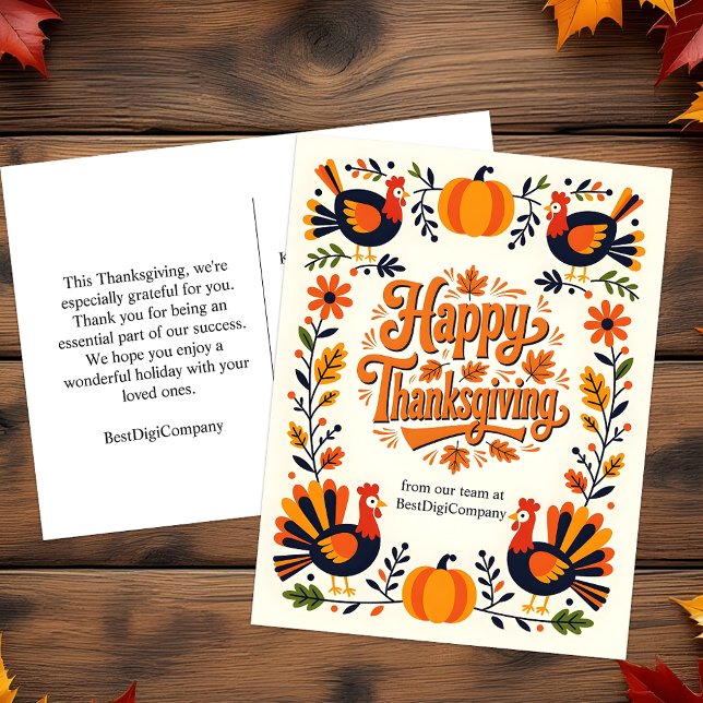 Charming Folk Art Turkey & Pumpkin Thanksgiving Holiday Postcard (Creator Uploaded)