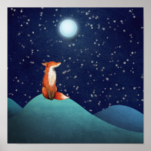 Charming Fox Sitting Under a Full Moon Poster