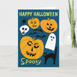 Charming Funny Pumpkins Ghost Bat HAPPY HALLOWEEN Card