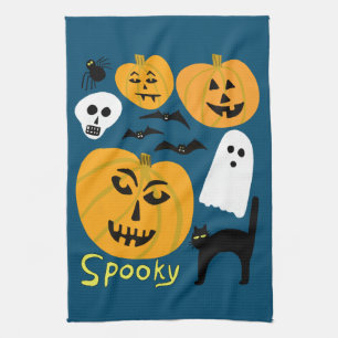 Charming Funny Pumpkins Ghost Bat HAPPY HALLOWEEN Tea Towel