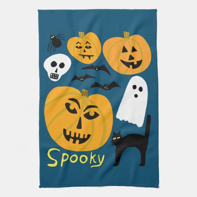 Charming Funny Pumpkins Ghost Bat HAPPY HALLOWEEN Tea Towel (Vertical)