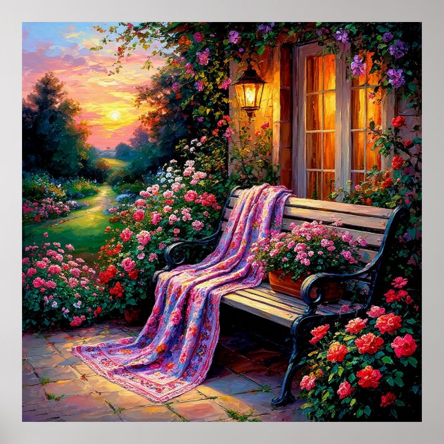 Charming Garden Bench Adorned with Flowers Poster (Front)