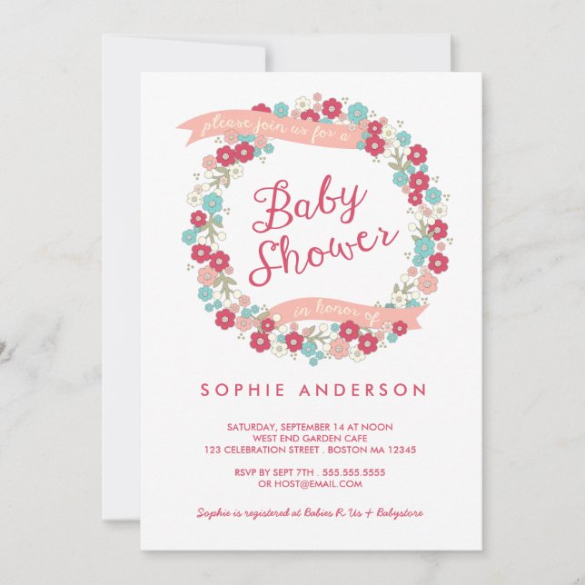 Charming Garden Floral Wreath Girl Baby Shower Invitation (Front)