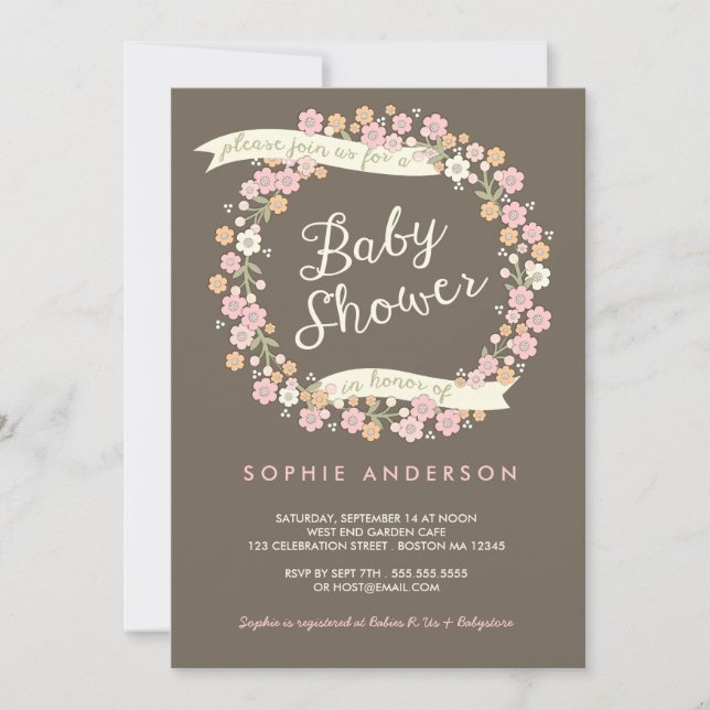 Charming Garden Floral Wreath Girl Baby Shower Invitation (Front)