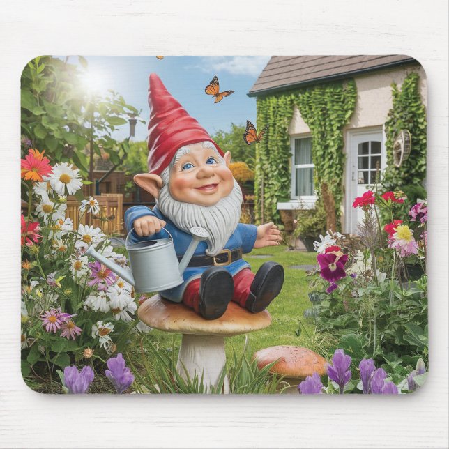Charming Garden Gnome with Watering Can Mouse Mat (Front)