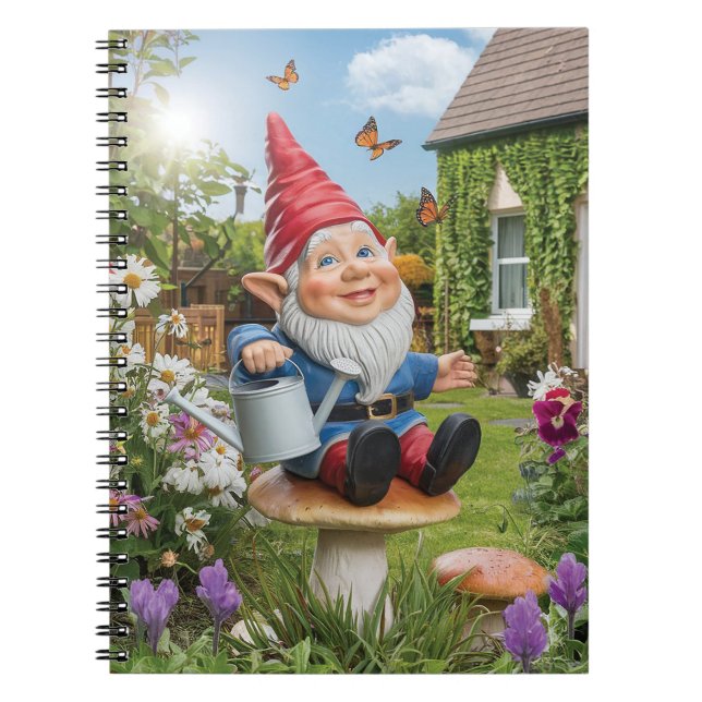 Charming Garden Gnome with Watering Can Notebook (Front)