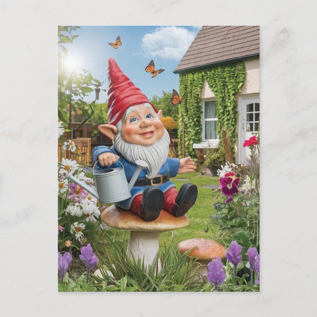 Charming Garden Gnome with Watering Can Postcard (Front)