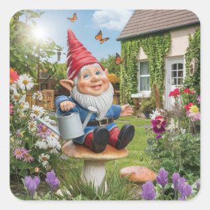 Charming Garden Gnome with Watering Can Square Sticker