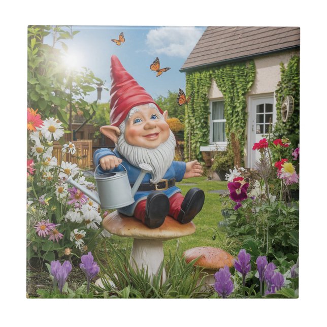 Charming Garden Gnome with Watering Can Tile (Front)
